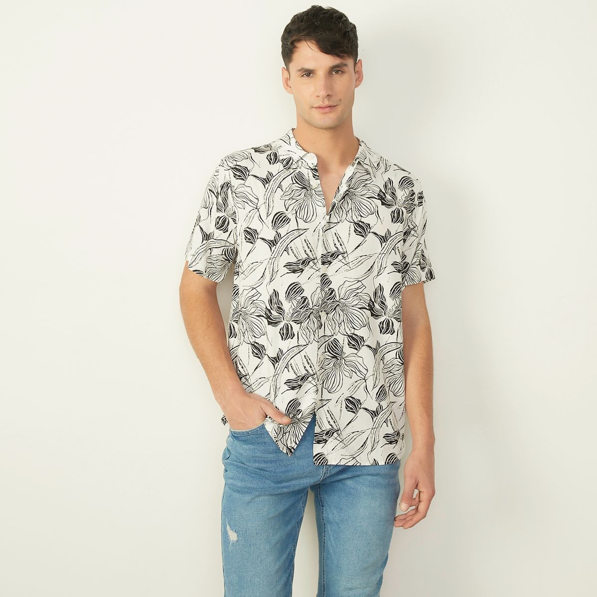 BASEMENT - Camisa Guayabera Manga Corta Viscosa Hombre Basement