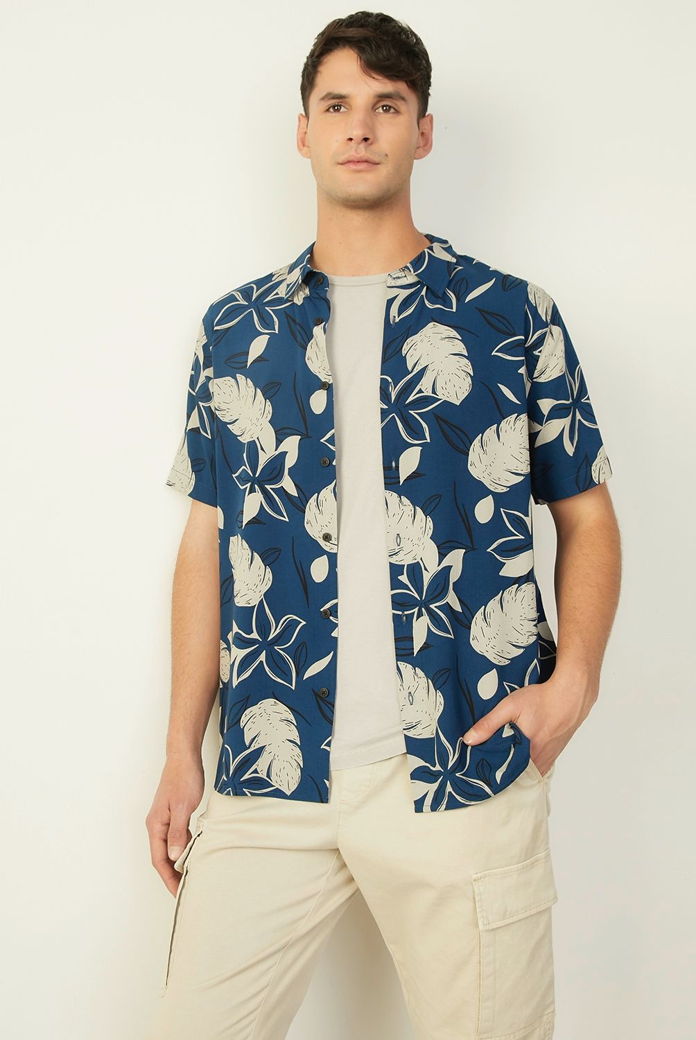 BASEMENT - Camisa Guayabera Manga Corta Viscosa Hombre Basement