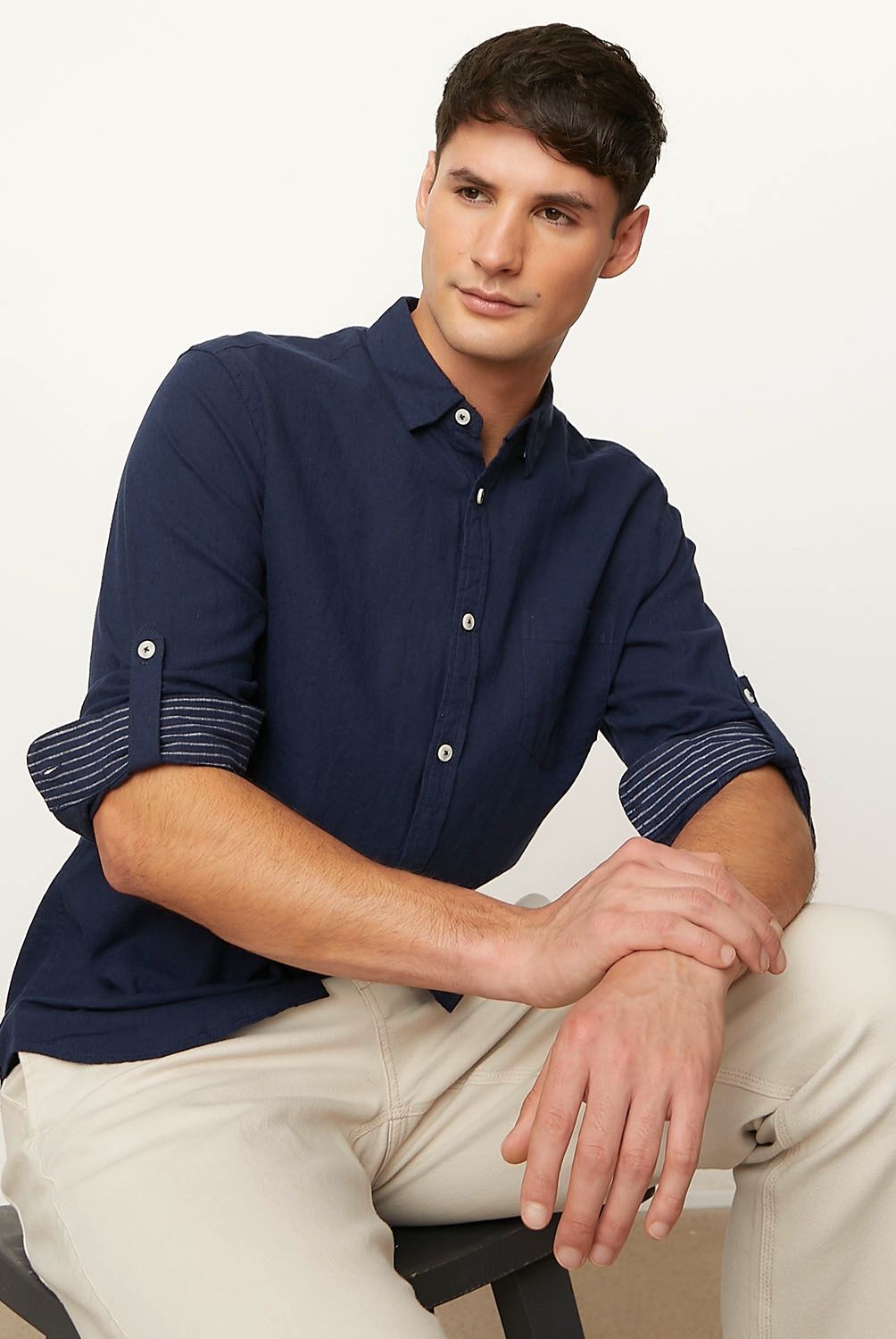 BASEMENT - Camisa Casual Manga Larga Lino Hombre Basement