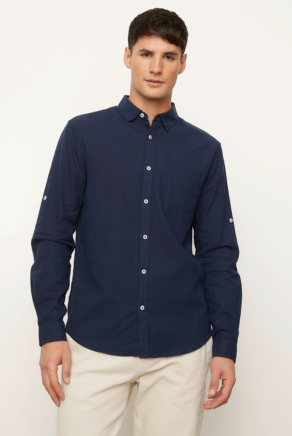 BASEMENT - Camisa Casual Manga Larga Lino Hombre Basement