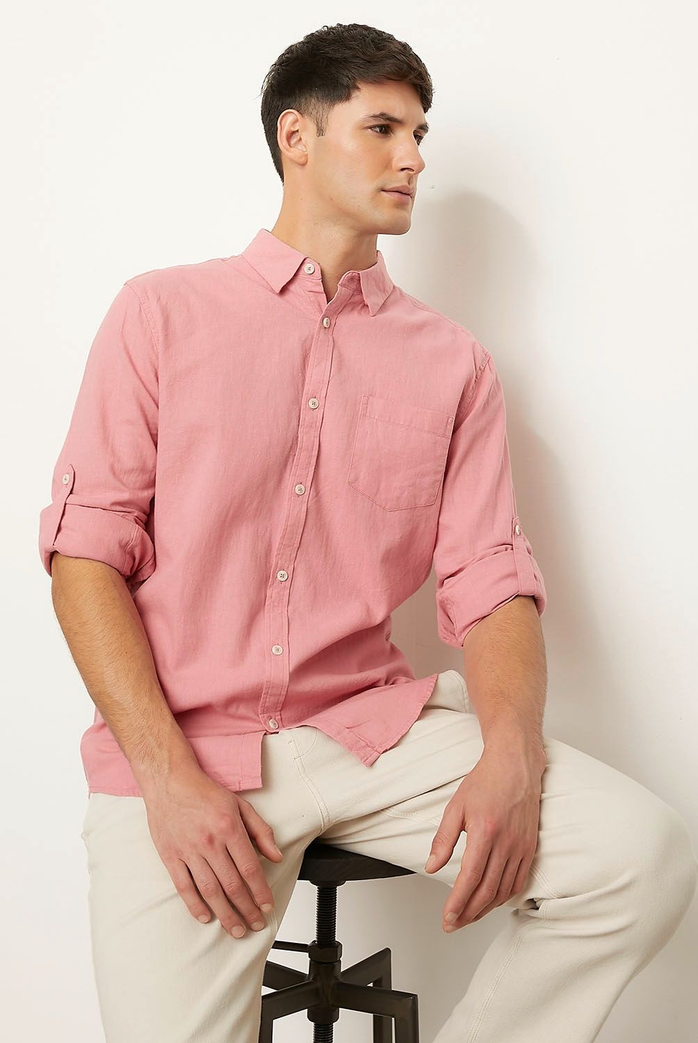 BASEMENT - Camisa Casual Manga Larga Lino Hombre Basement