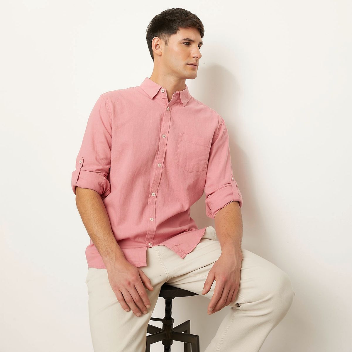 BASEMENT - Camisa Casual Manga Larga Lino Hombre Basement