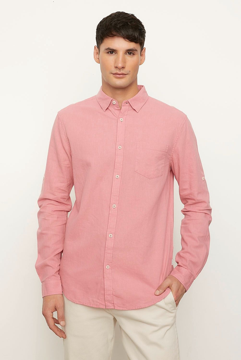 BASEMENT - Camisa Casual Manga Larga Lino Hombre Basement