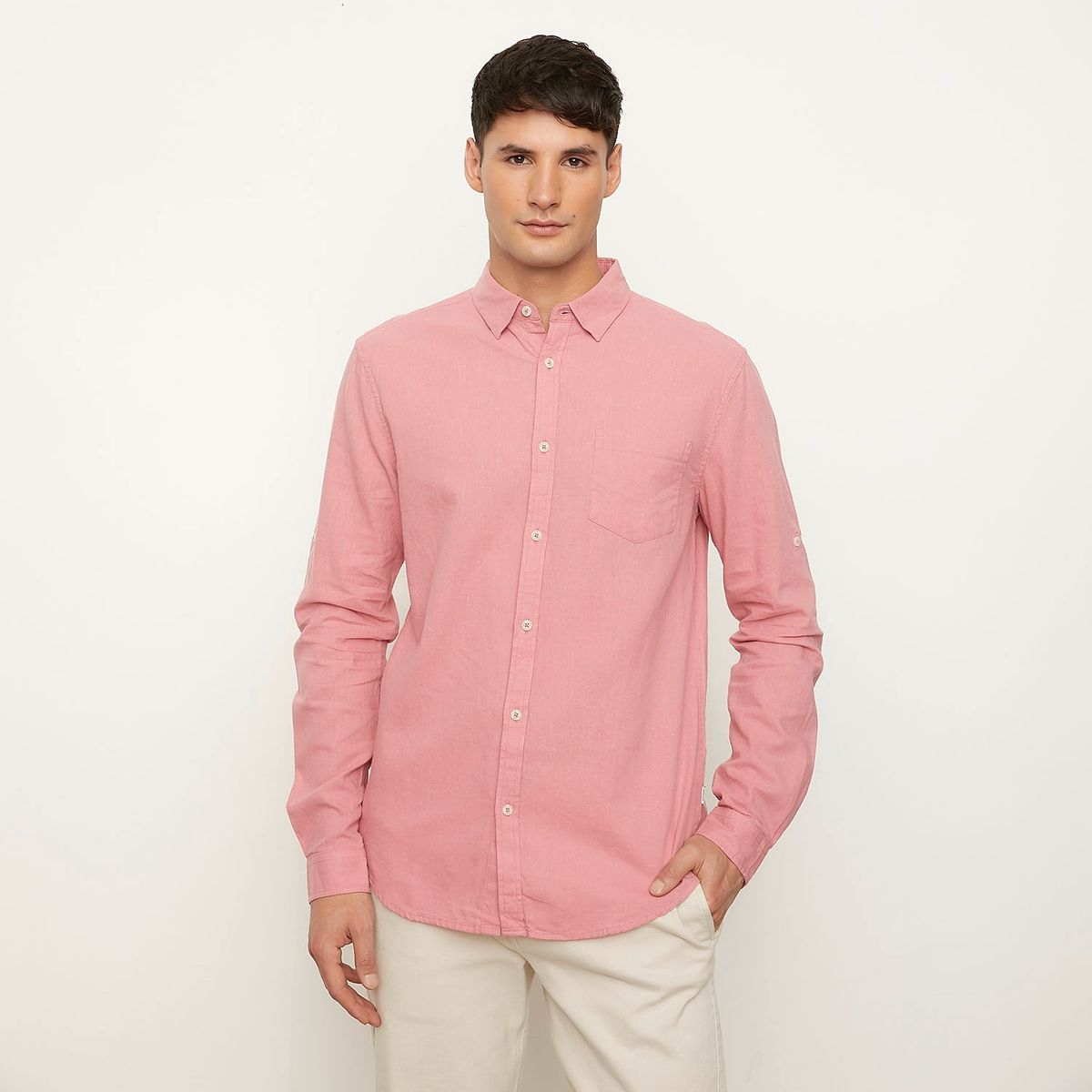 BASEMENT - Camisa Casual Manga Larga Lino Hombre Basement