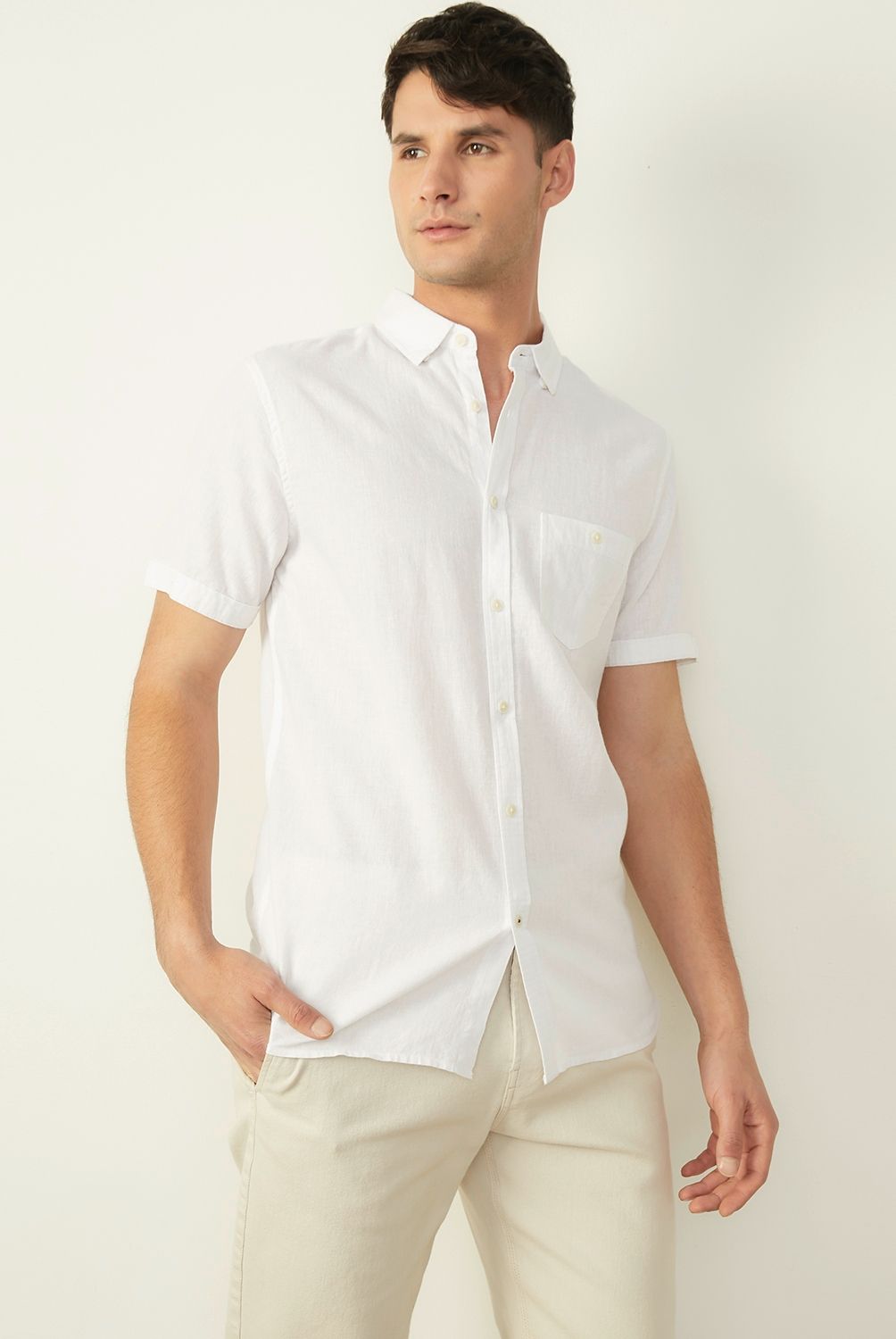 BASEMENT - Camisa Casual Manga Corta Lino Hombre Basement