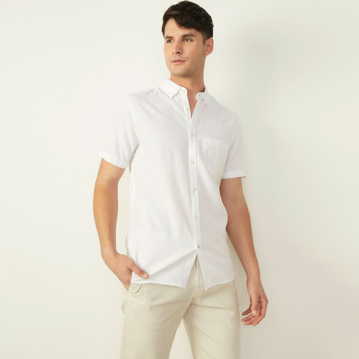 BASEMENT - Camisa Casual Manga Corta Lino Hombre Basement