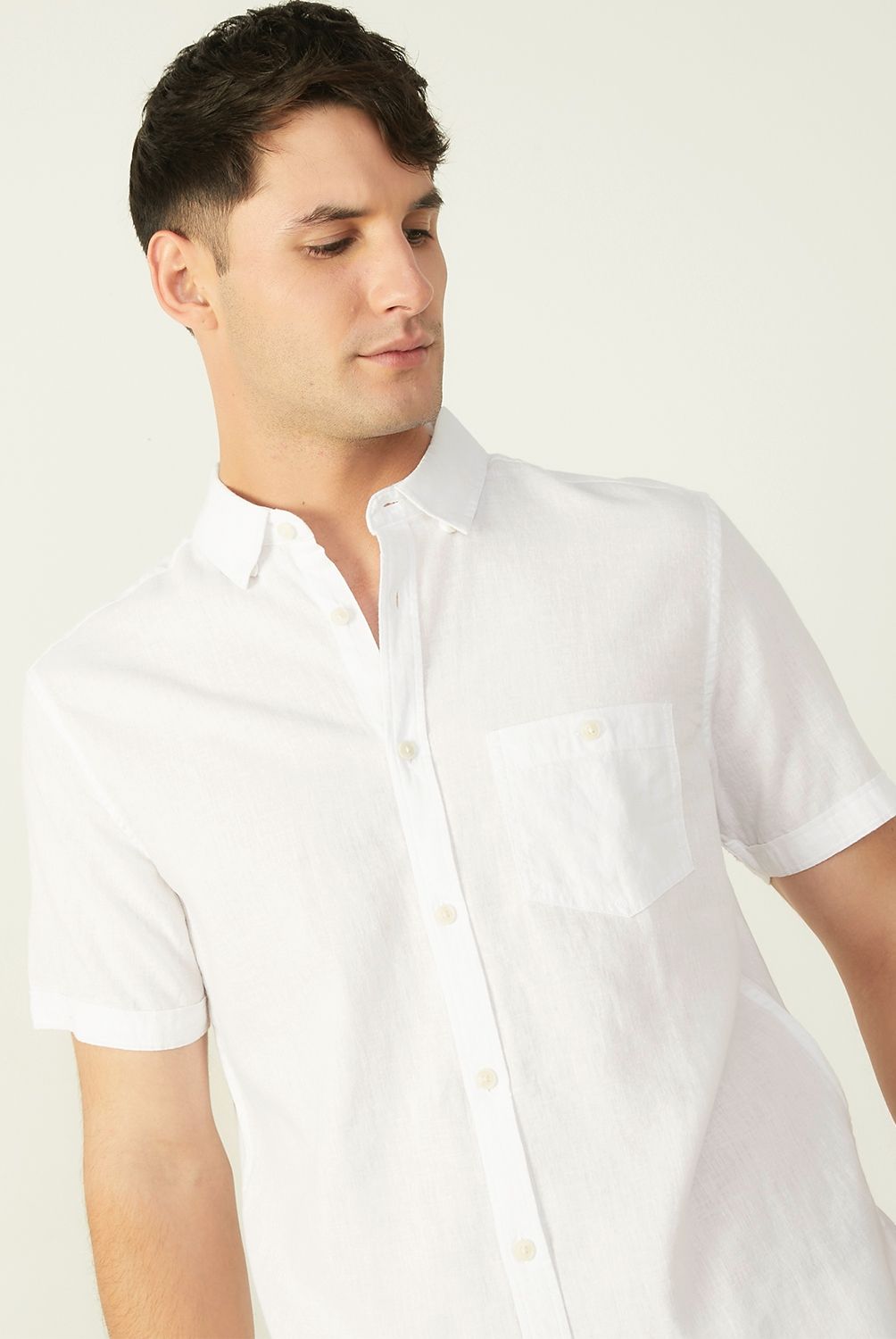 BASEMENT - Camisa Casual Manga Corta Lino Hombre Basement
