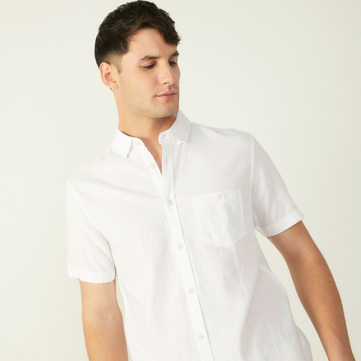 BASEMENT - Camisa Casual Manga Corta Lino Hombre Basement