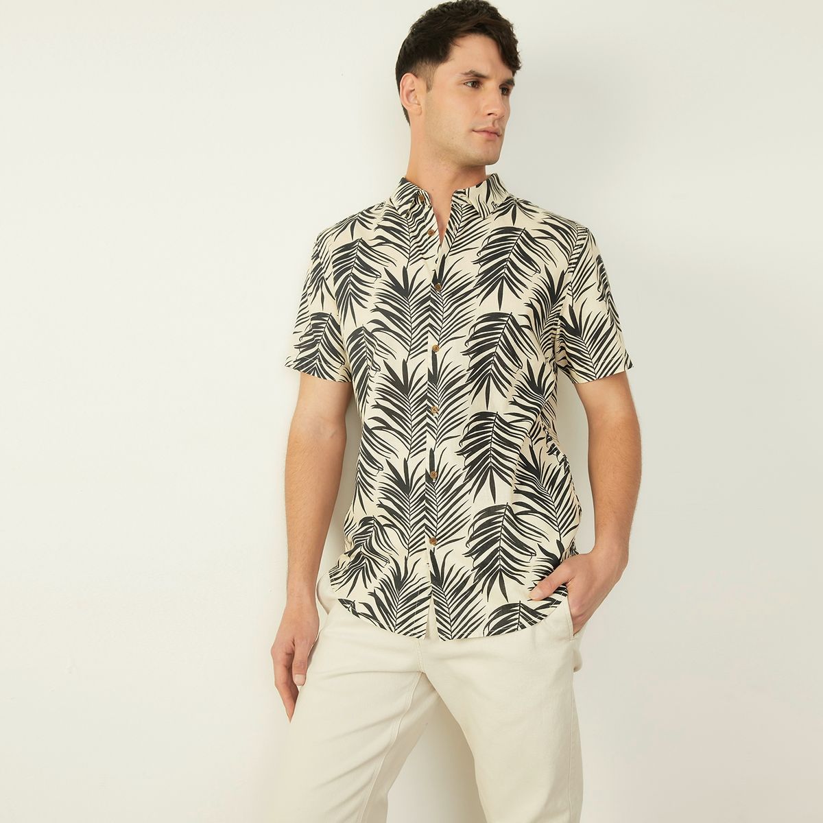 BASEMENT - Camisa Guayabera Manga Corta Lino Hombre Basement