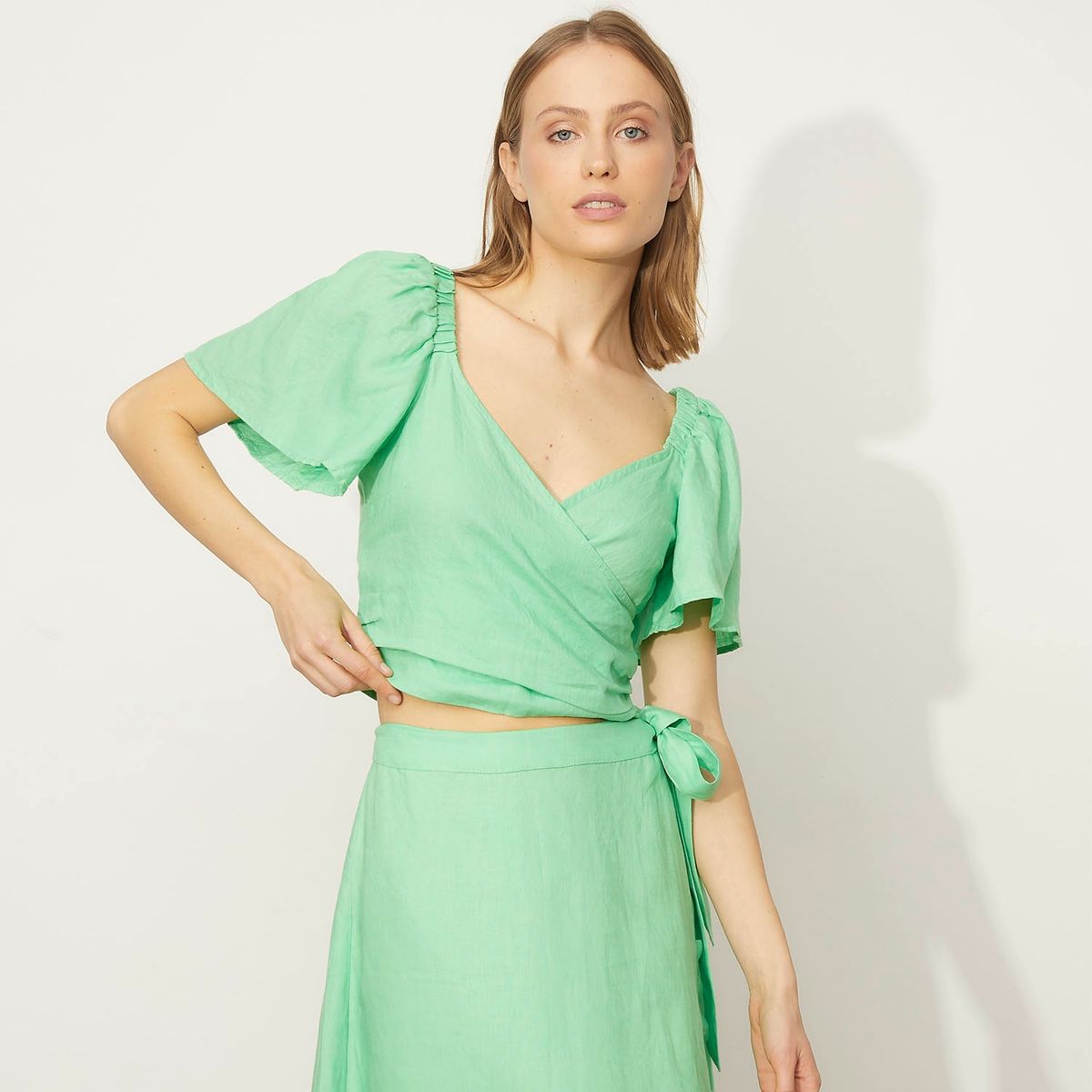 BASEMENT - Blusa Manga Corta Lino Mujer Basement