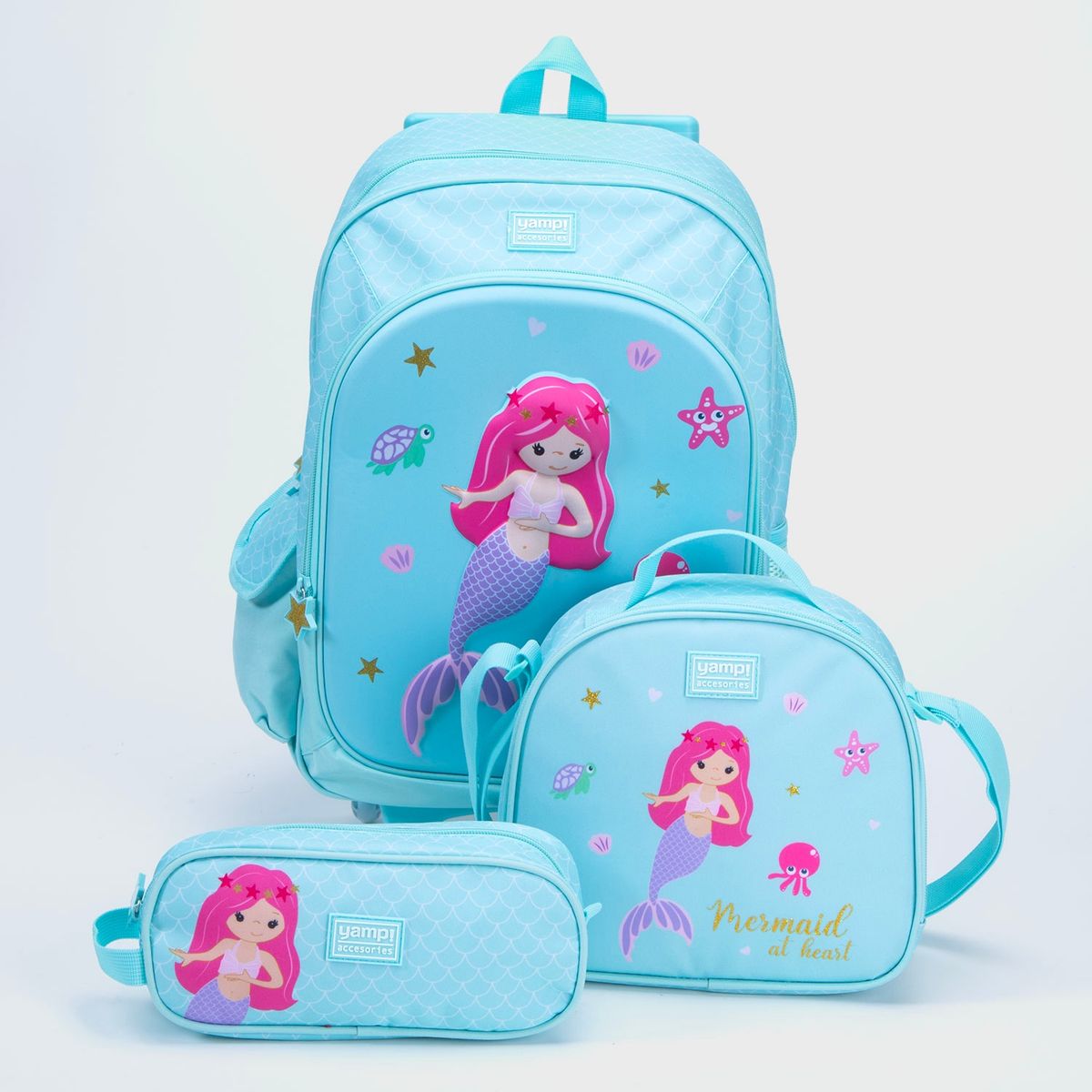 YAMP - Mochila Infantil Con Ruedas Unicornio + Lonchera + Estuche Yamp