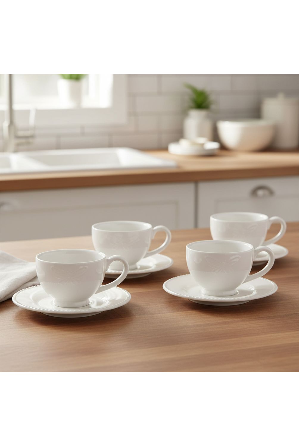 ROBERTA ALLEN Set 4 Tazas Café Con Plato Libélula Porcelana Blanco