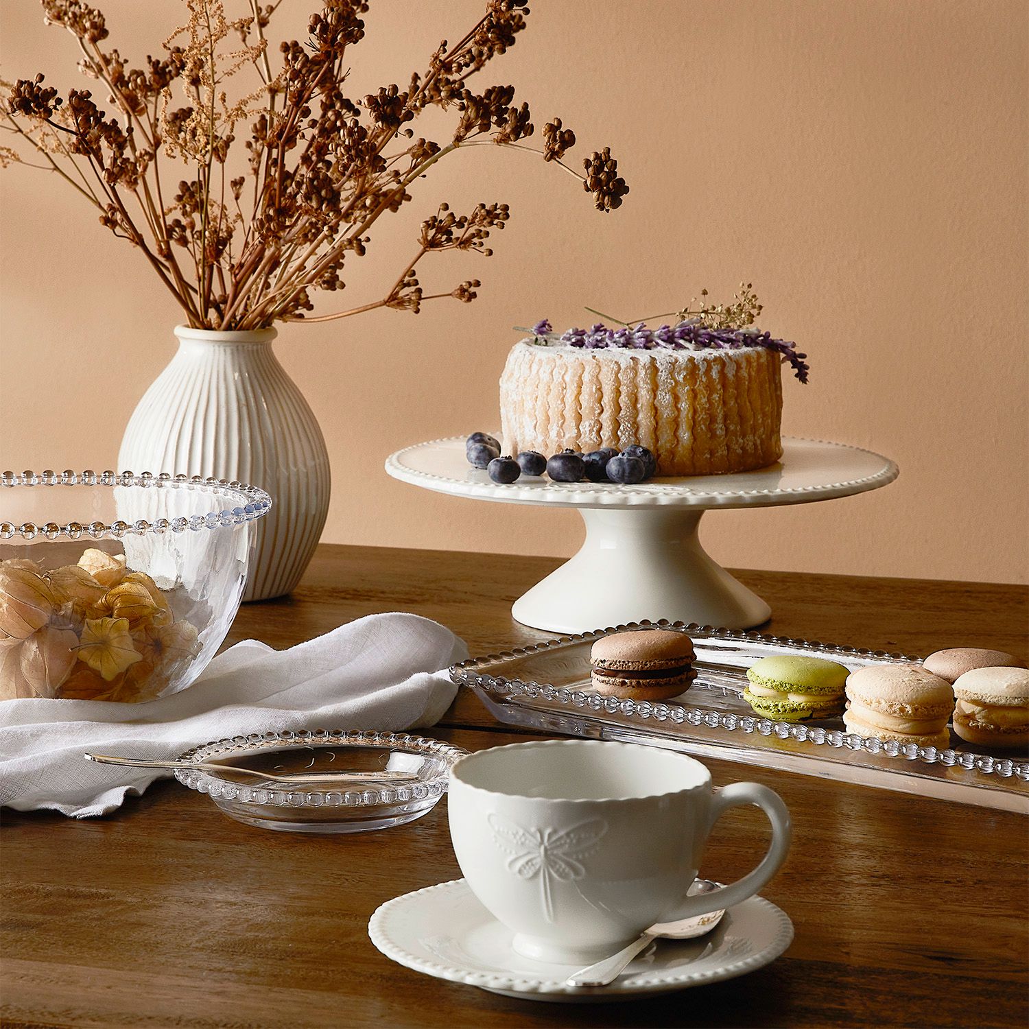 ROBERTA ALLEN Set 4 Tazas Café Con Plato Libélula Porcelana Blanco