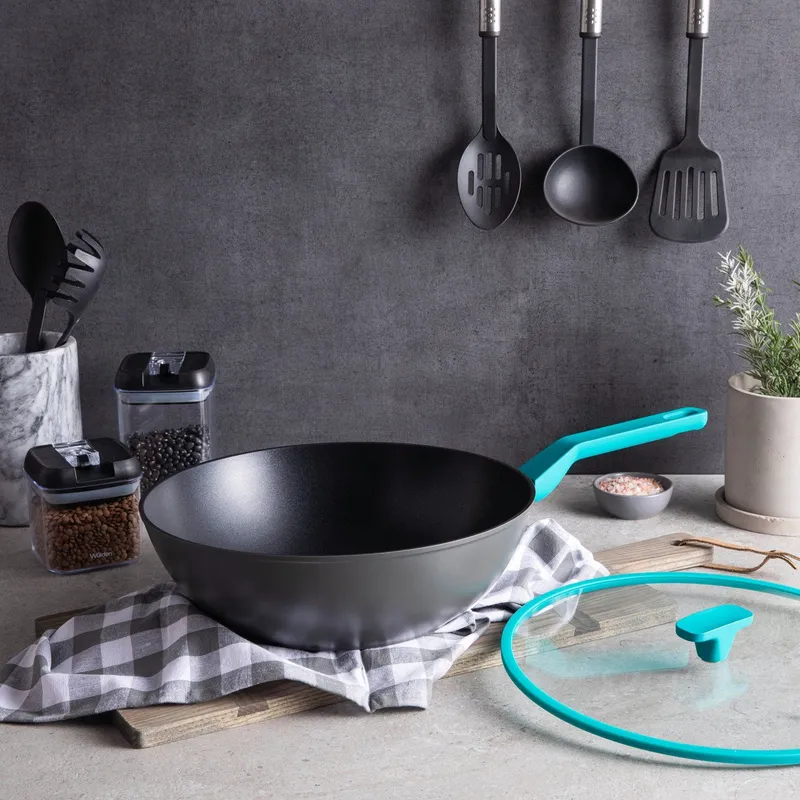 WURDEN - Wok 32 Cm Con Tapa De Vidrio Turquesa Antiadherente Wurden