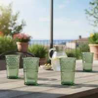 Set 4 Vasos Largos Vidrio Verde Labrado