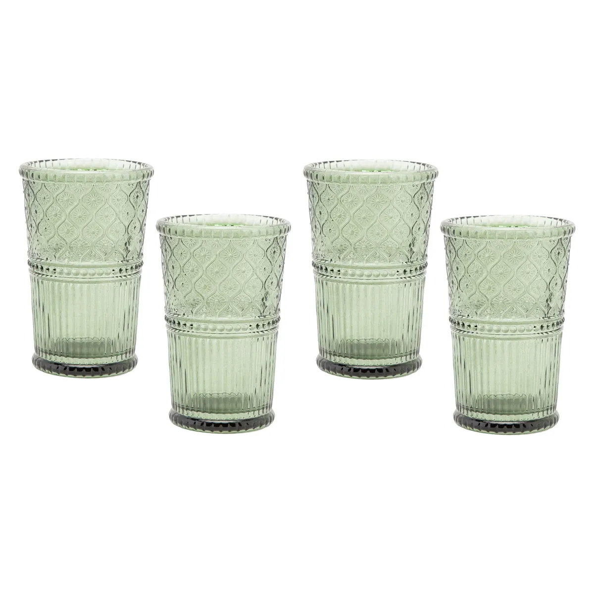 ROBERTA ALLEN - Set 4 Vasos Largos Vidrio Verde Labrado Roberta Allen