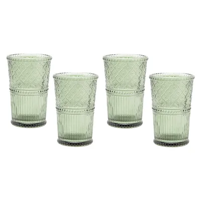 Imagen 2 del producto Set 4 Vasos Largos Vidrio Verde Labrado