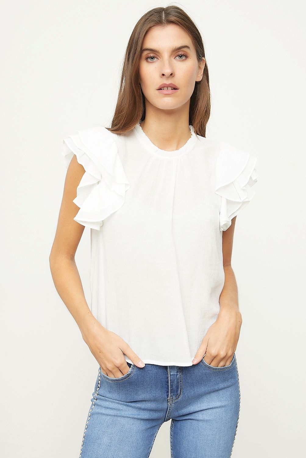 BASEMENT - Blusa Manga Corta Volados Mujer Basement