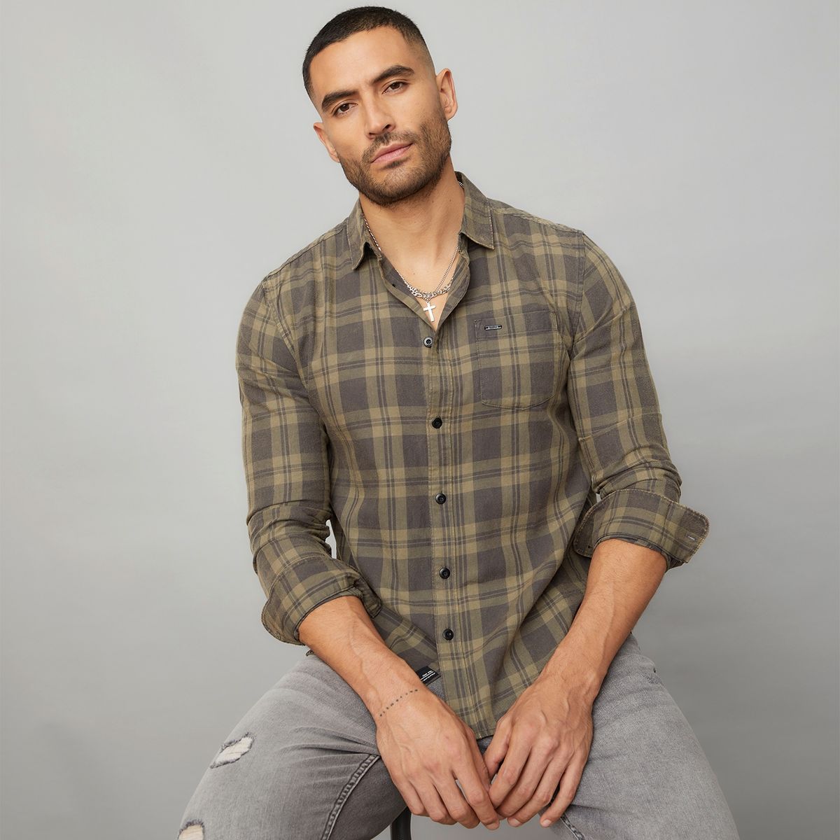 MOSSIMO - Camisa Check Manga Larga Algodón Slim Hombre Mossimo