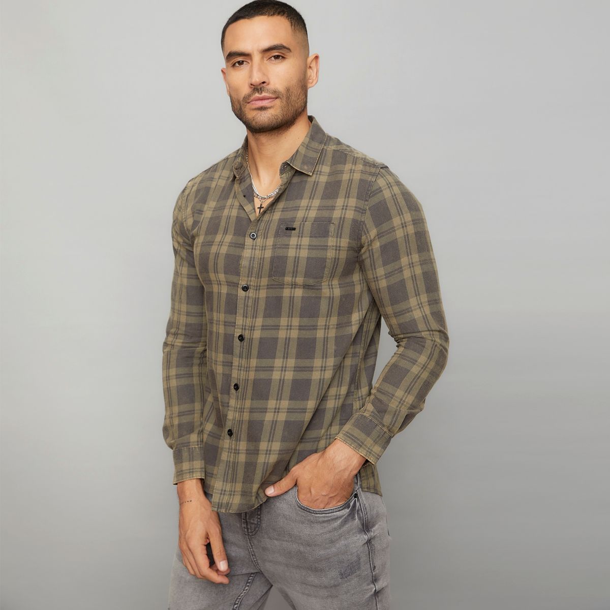 MOSSIMO - Camisa Check Manga Larga Algodón Slim Hombre Mossimo