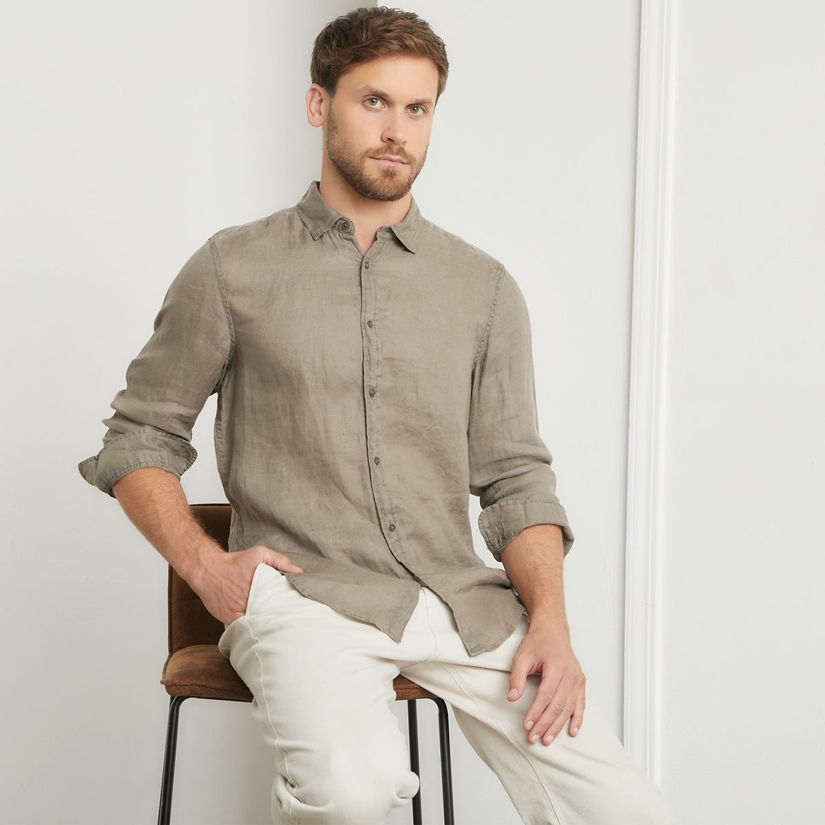 BASEMENT - Camisa Sport Manga Larga Lino Slim Hombre Basement