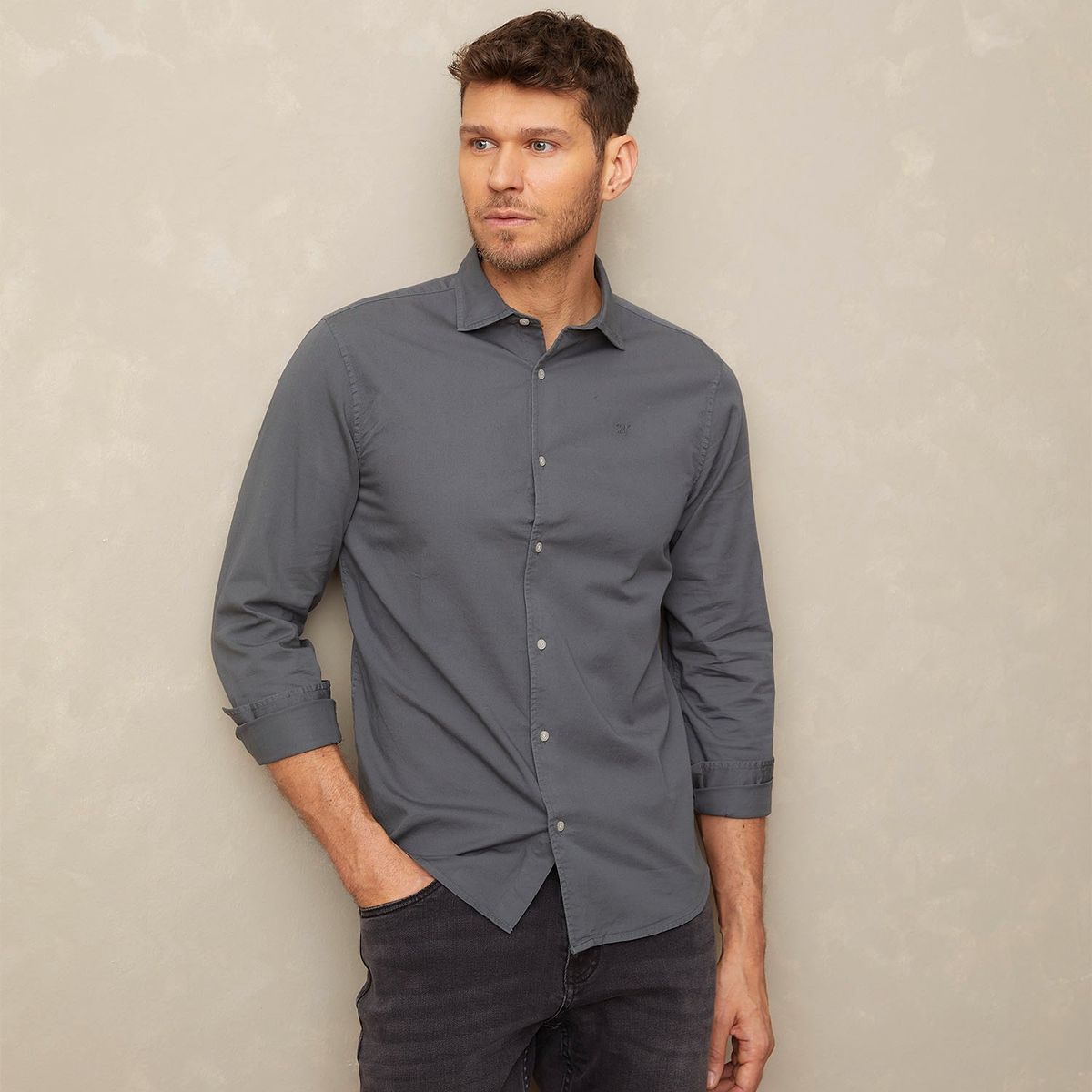 WOLF&HANK - Camisa Lisa Manga Larga Sport Algodón Slim Hombre Wolf&Hank