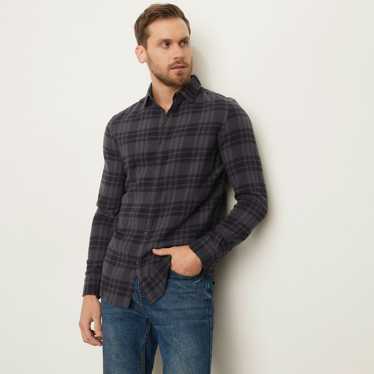 BASEMENT - Camisa Casual Manga Larga Algodón Slim Hombre Basement
