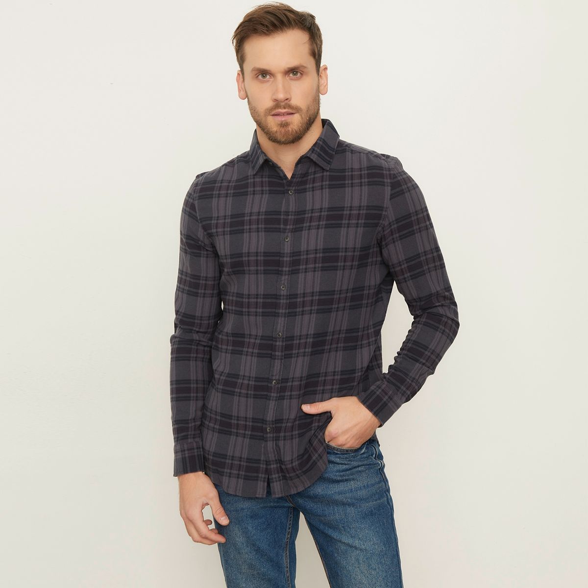 BASEMENT - Camisa Casual Manga Larga Algodón Slim Hombre Basement