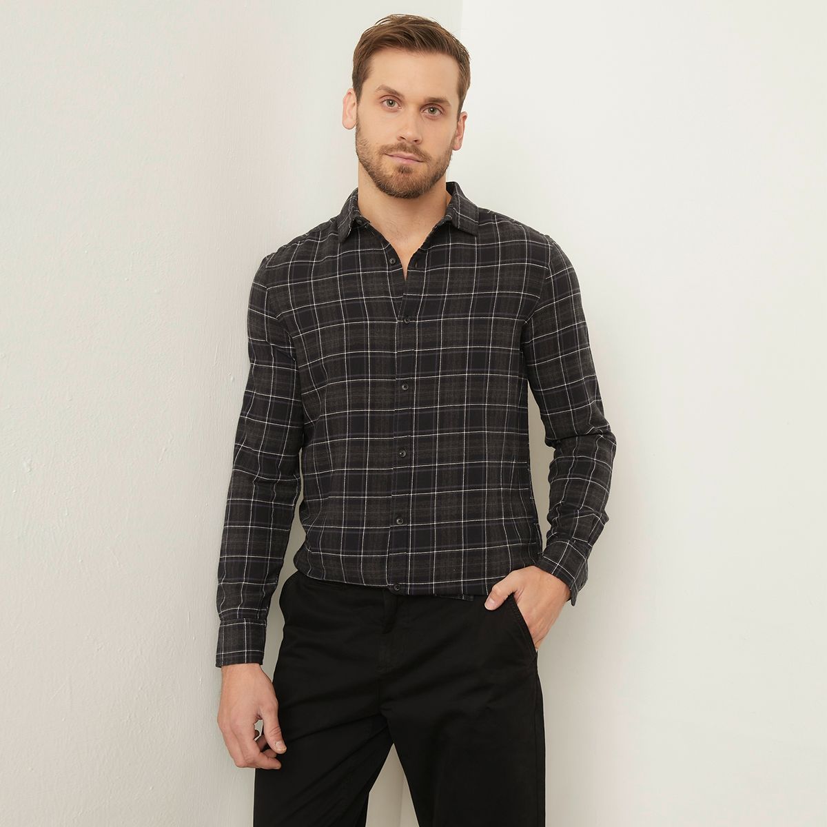 BASEMENT - Camisa Casual Manga Larga Algodón Slim Hombre Basement