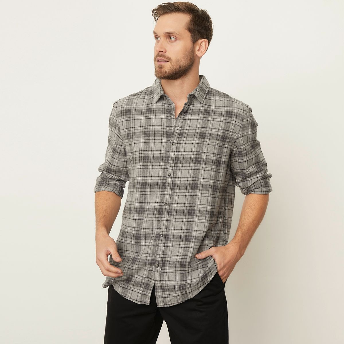 BASEMENT - Camisa Casual Manga Larga Algodón Slim Hombre Basement