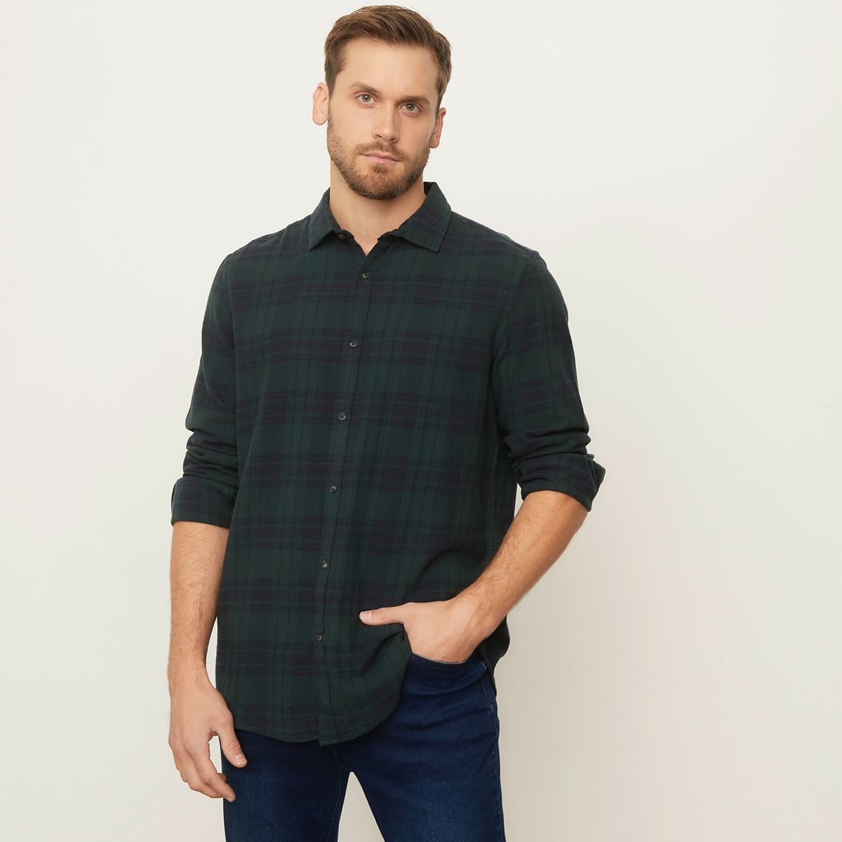 BASEMENT - Camisa Casual Manga Larga Algodón Slim Hombre Basement