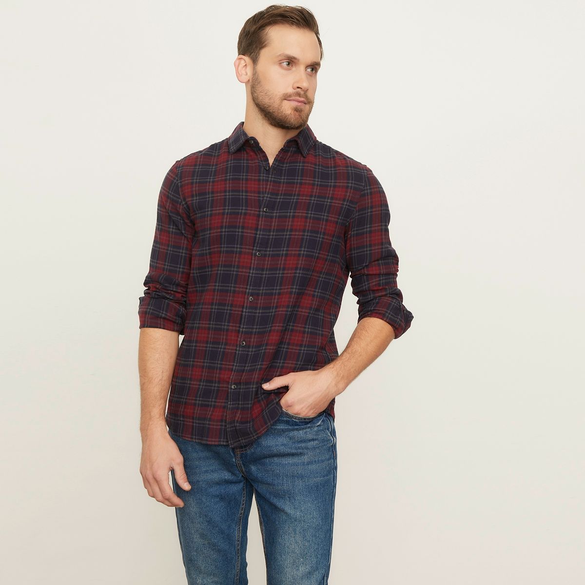 BASEMENT - Camisa Casual Manga Larga Algodón Slim Hombre Basement