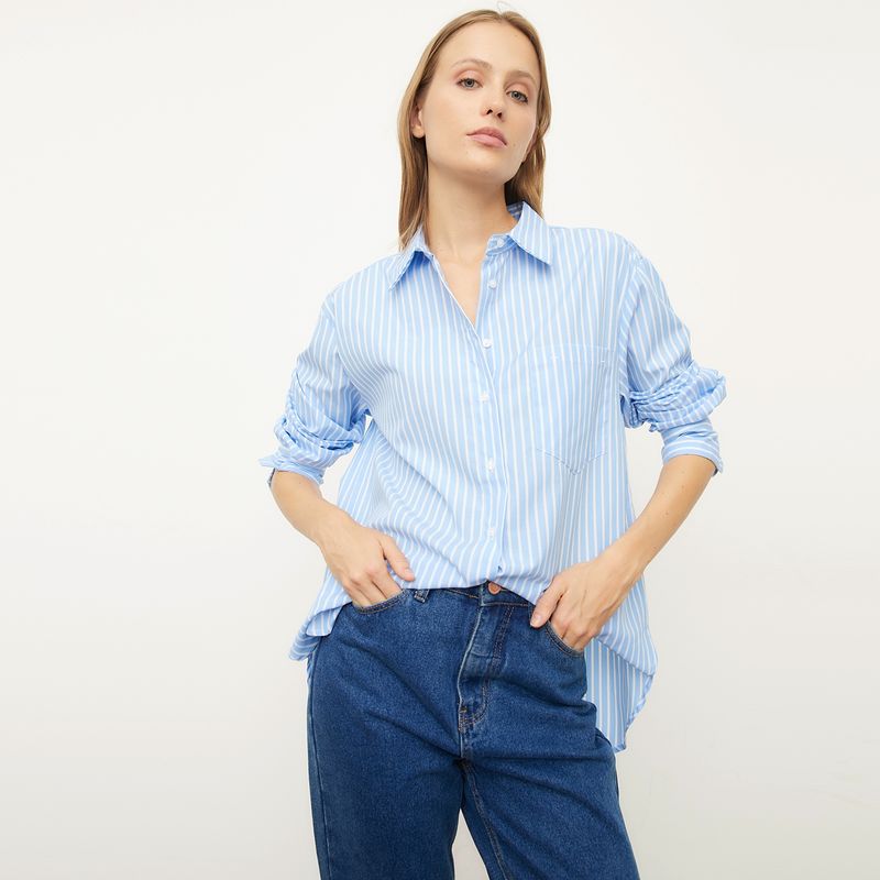 BASEMENT - Blusa Basement Oversize Manga Larga Cuello Clásico Tachas Mujer