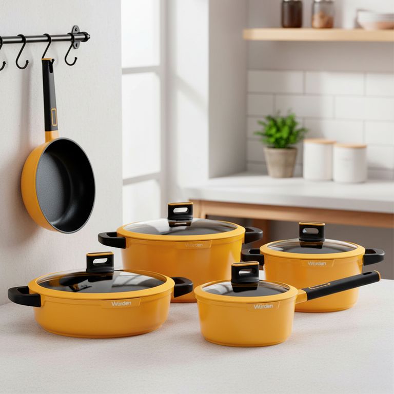 Batería De Cocina Antiadherente Preston 9 Piezas Amarilla a $119.990