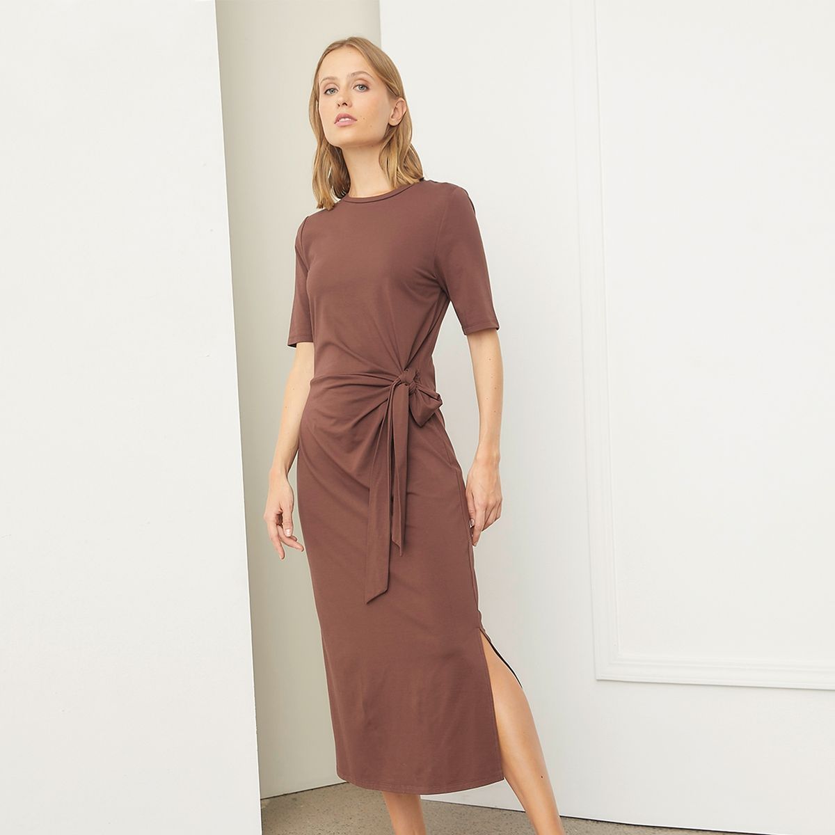 BASEMENT - Vestido Midi Manga Corta Mujer Basement