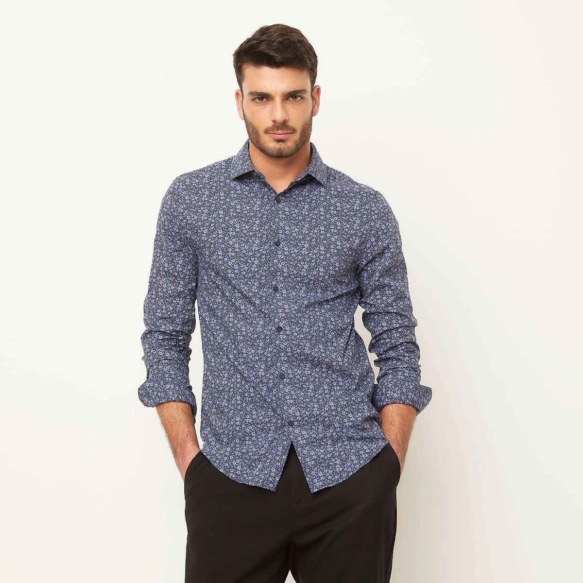 BASEMENT - Camisa Casual Manga Larga Basement Estampada Algodón Hombre