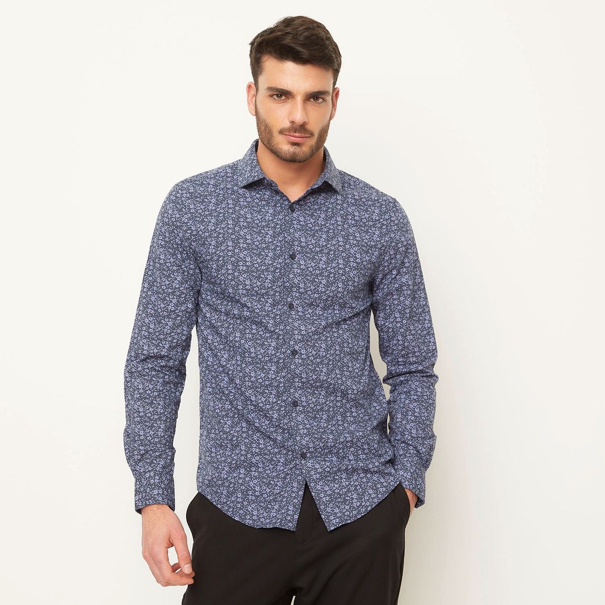 BASEMENT - Camisa Casual Manga Larga Basement Estampada Algodón Hombre