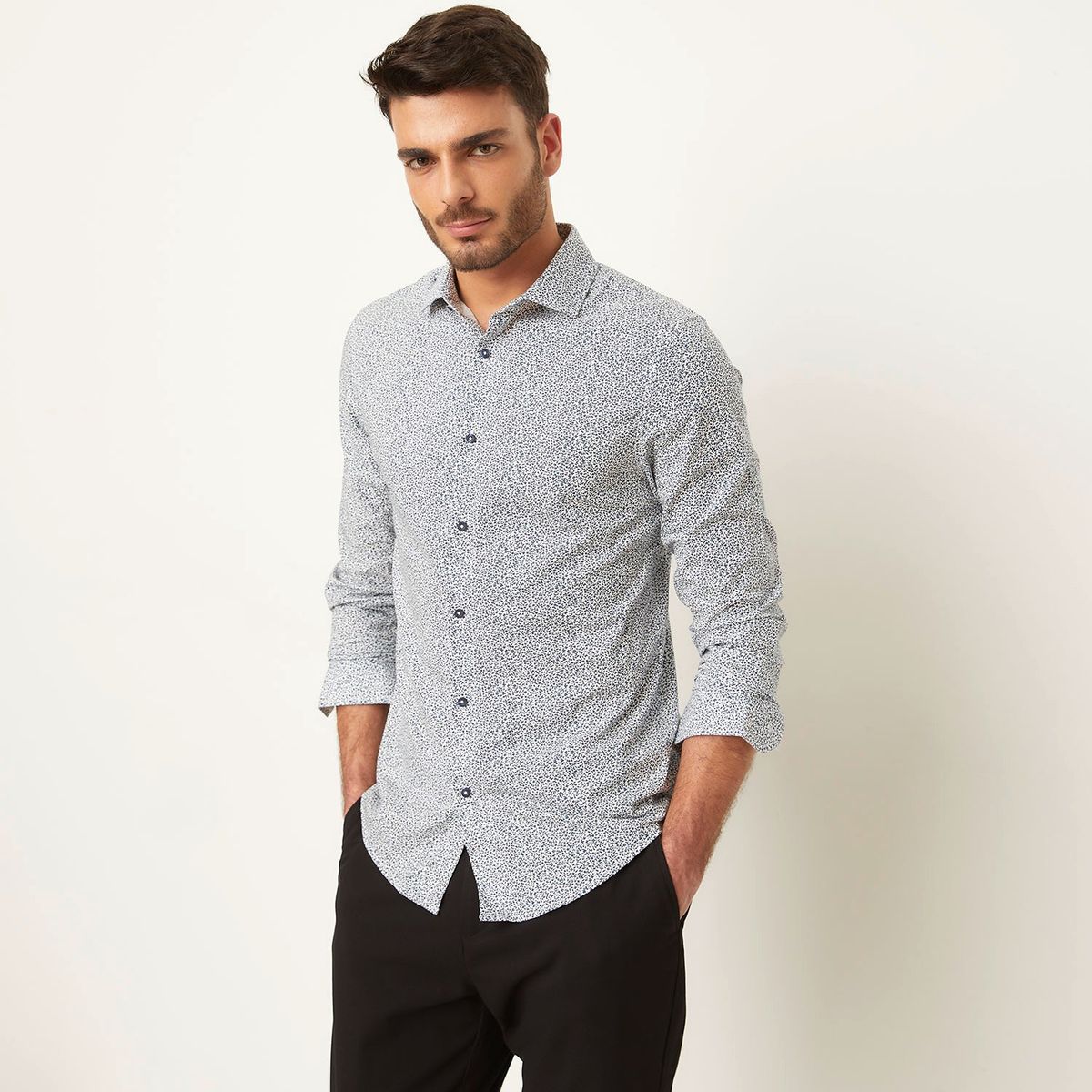 BASEMENT - Camisa Casual Manga Larga Basement Estampada Algodón Hombre