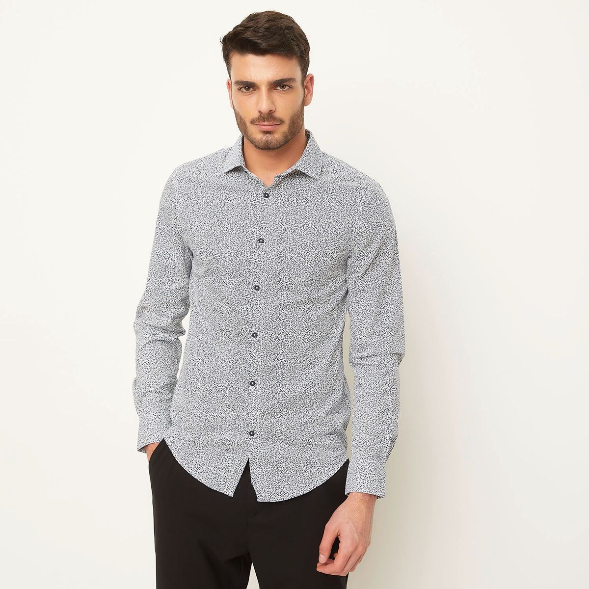 BASEMENT - Camisa Casual Manga Larga Basement Estampada Algodón Hombre