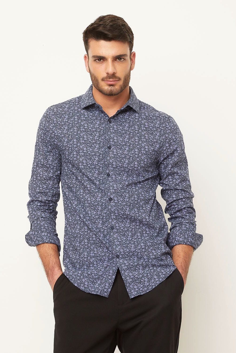 BASEMENT - Camisa Casual Manga Larga Basement Estampada Algodón Hombre