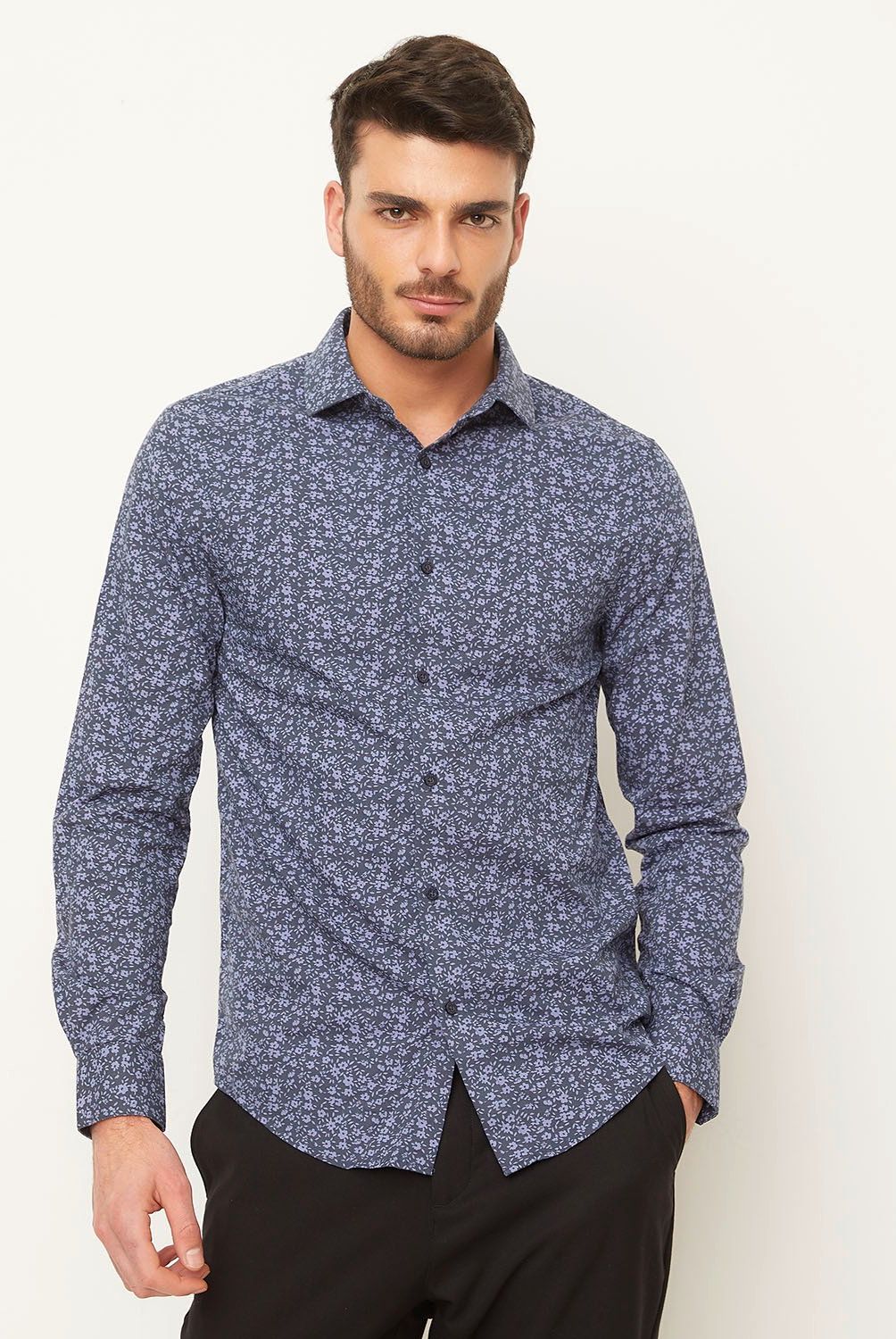 BASEMENT - Camisa Casual Manga Larga Basement Estampada Algodón Hombre
