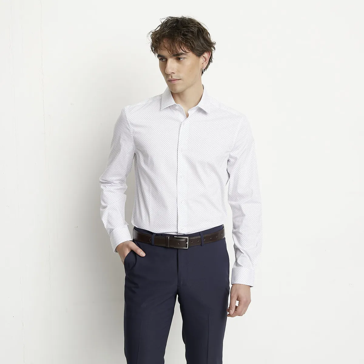 BASEMENT - Camisa Casual Hombre Basement Manga Larga Diseño Puntos