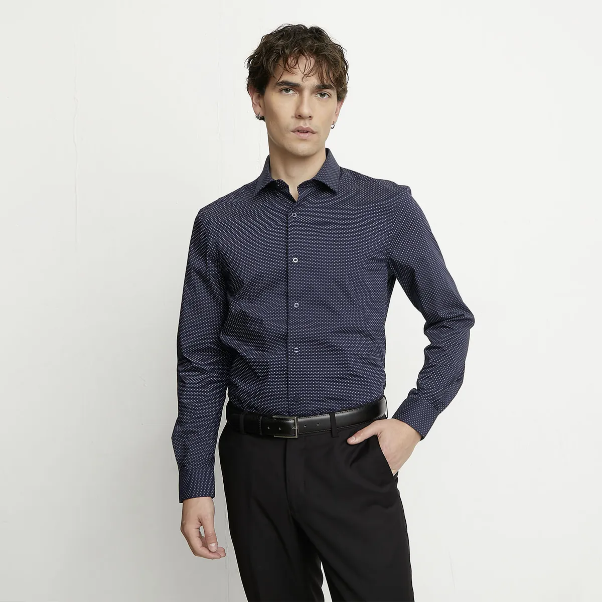 BASEMENT - Camisa Casual Hombre Basement Manga Larga Diseño Puntos