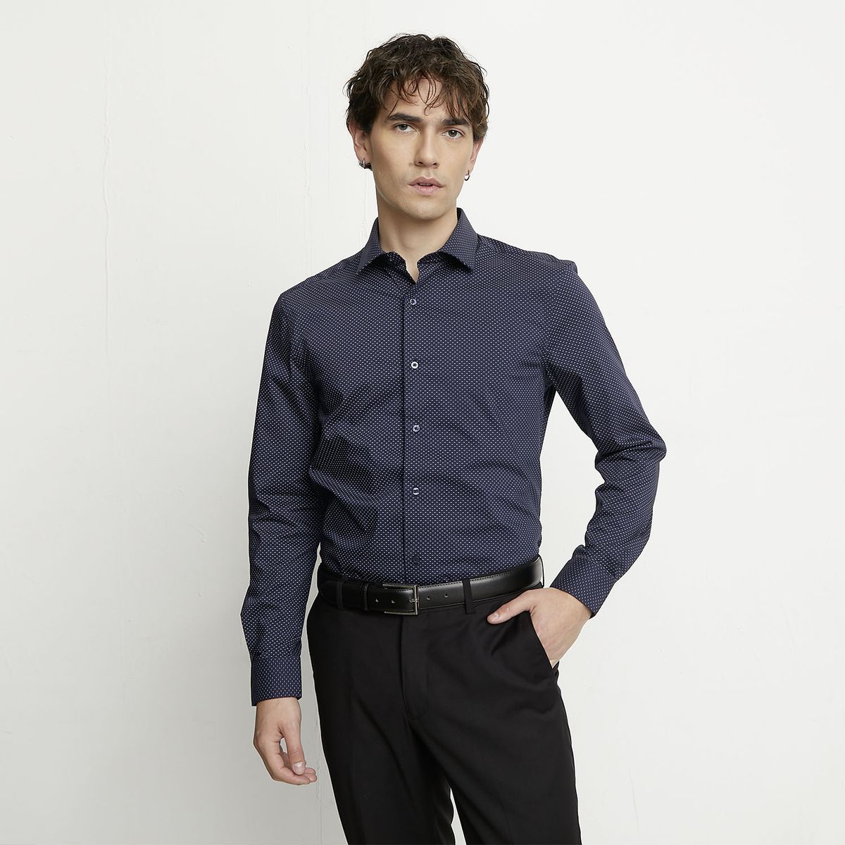 BASEMENT - Camisa Casual Hombre Basement Manga Larga Diseño Puntos