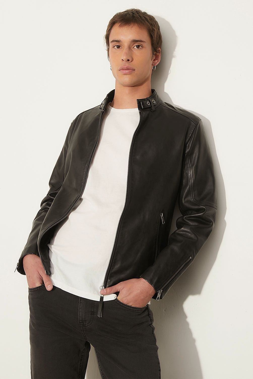 AMERICANINO - Chaqueta De Cuero Americanino Diseño Liso Cuello Mao Hombre