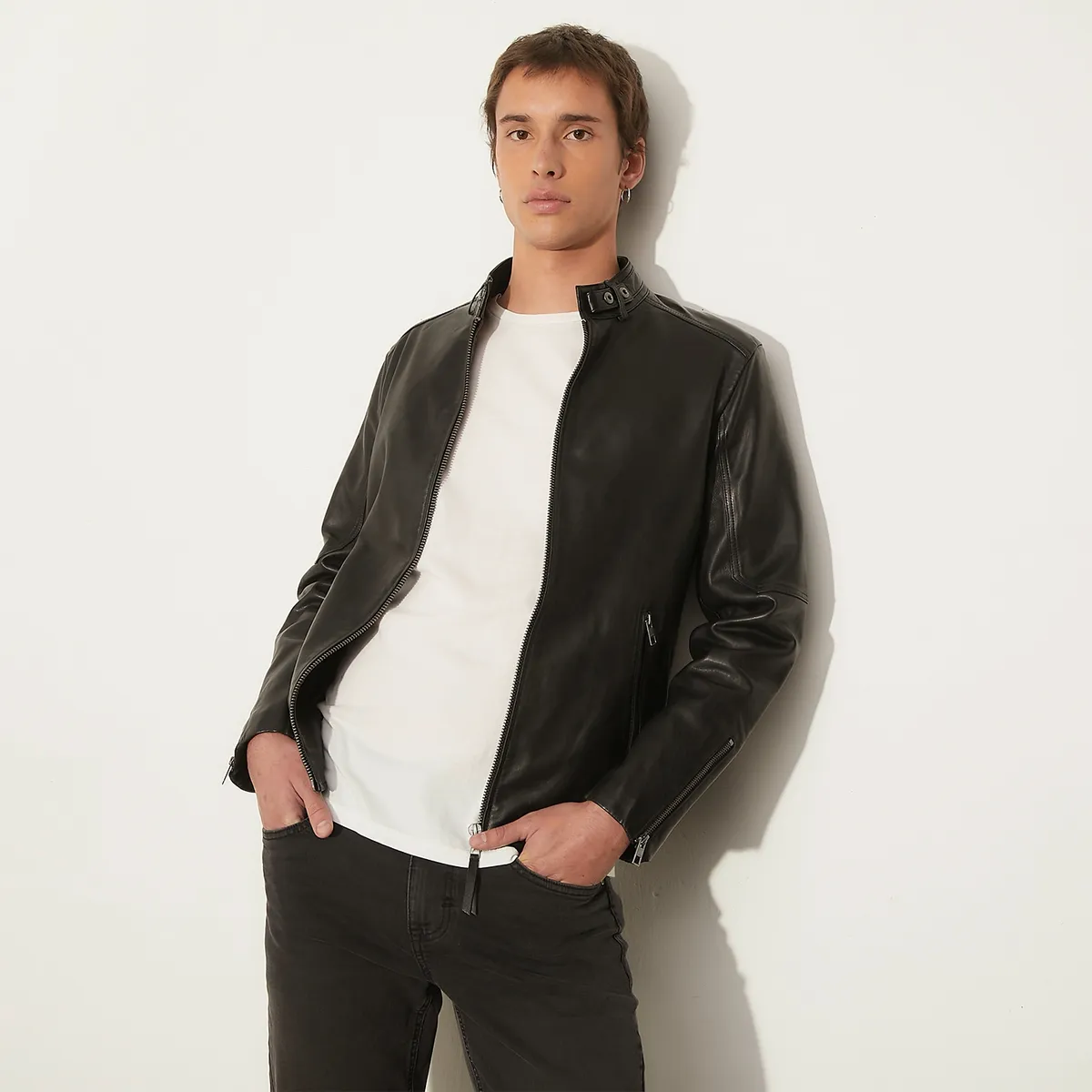 AMERICANINO - Chaqueta De Cuero Americanino Diseño Liso Cuello Mao Hombre