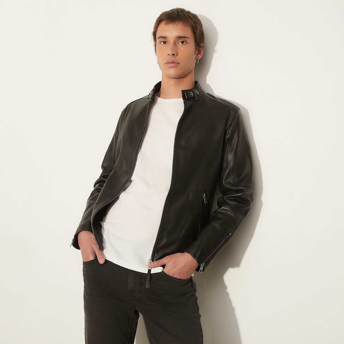 AMERICANINO - Chaqueta De Cuero Americanino Diseño Liso Cuello Mao Hombre