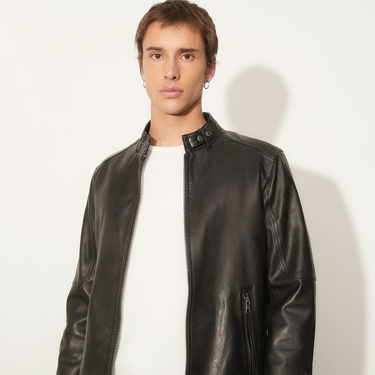 AMERICANINO - Chaqueta De Cuero Americanino Diseño Liso Cuello Mao Hombre