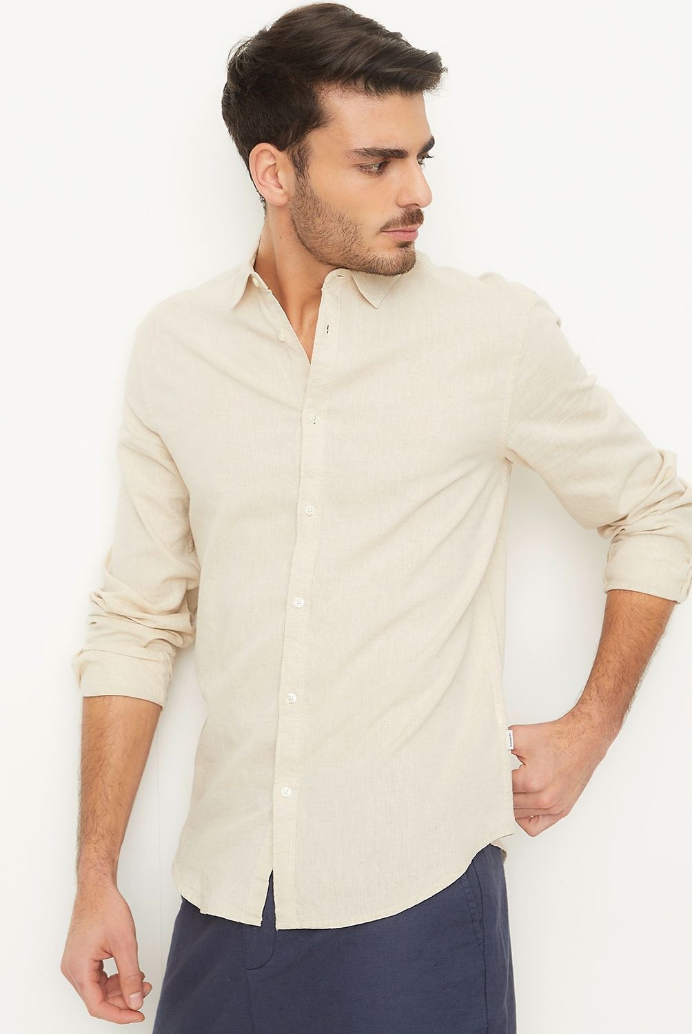 BASEMENT - Camisa Manga Larga Casual Lino Hombre Basement