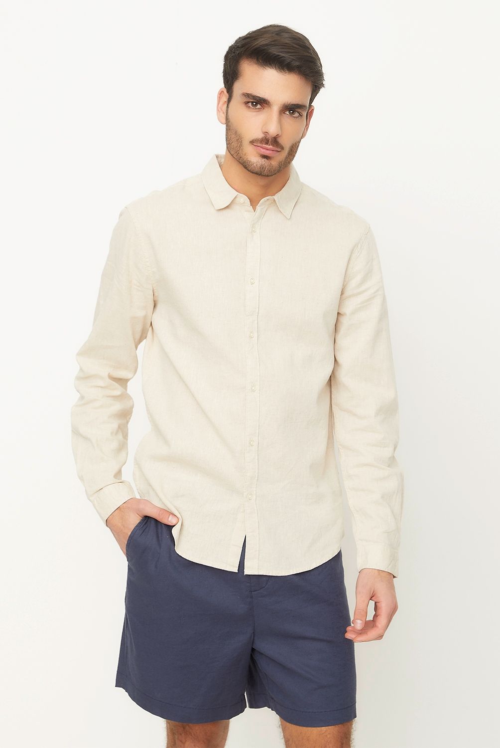 BASEMENT - Camisa Manga Larga Casual Lino Hombre Basement